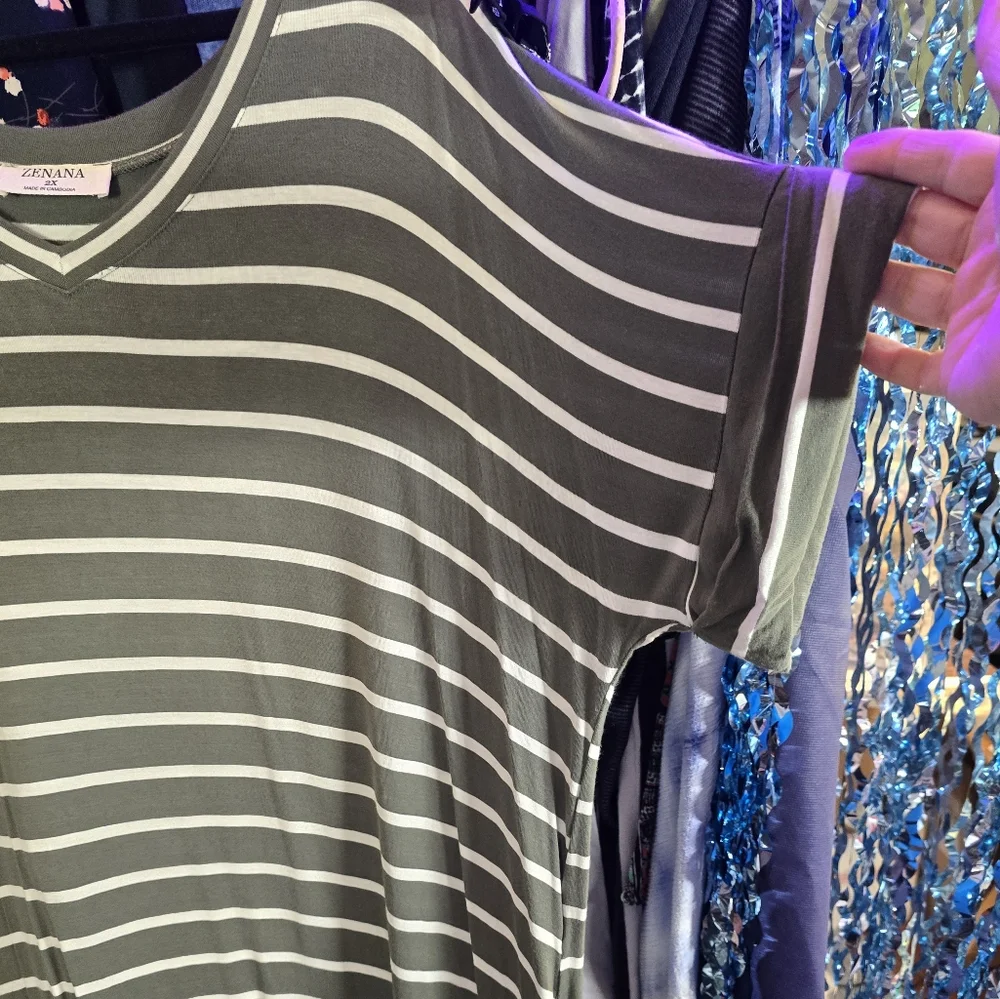 2X NEW Boutique ZENANA Olive/Wht Striped Dress VNeck 27-31.5"Ptp 39"Long 2 Pckts - Picture 9 of 11